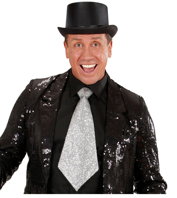 Sølvfarvet slips med glitter og elastik