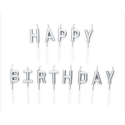 Sølv Happy Birthday-lys 8 stk