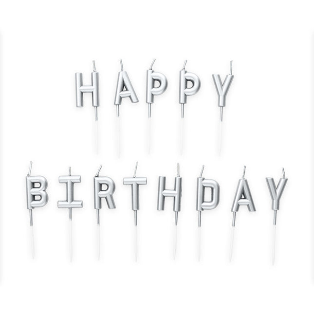 Sølv Happy Birthday-lys 8 stk