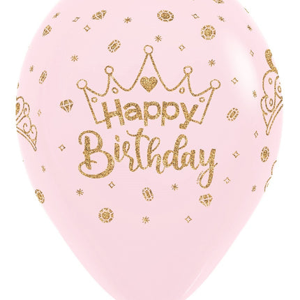 Balloner Happy Birthday Crowns Glitter Ink Pastel Matte Pink 30cm 25stk