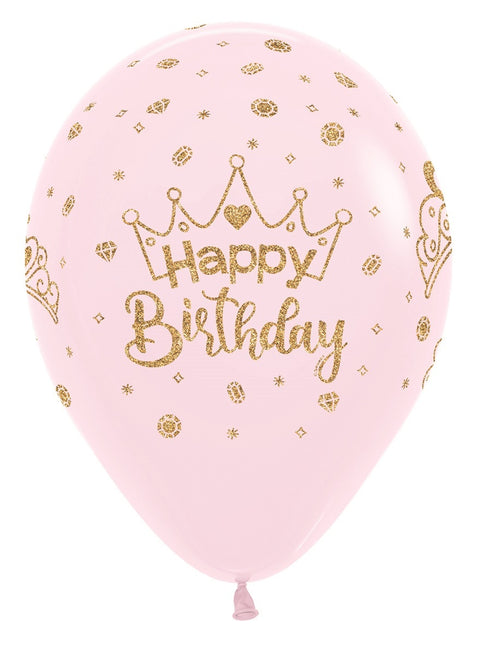 Balloner Happy Birthday Crowns Glitter Ink Pastel Matte Pink 30cm 25stk