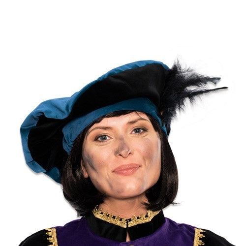 Pietenbaret fløjl med fjer blå/sort