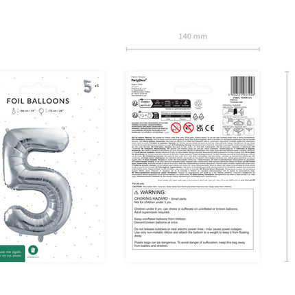 5 års figurballon sølv tom 72 cm
