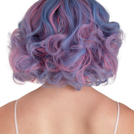 Paryk Arlene kort med krøller pastelblå og pink