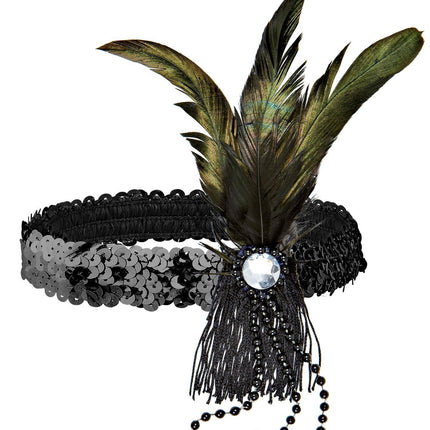 Sort pandebånd med pailletter og fjer