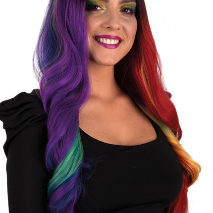 Paryk Selena Lang med krøller Regnbue To sider