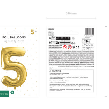 5 års figurballon guld tom 72 cm