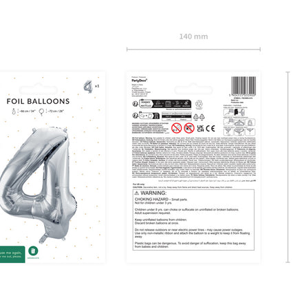 4 års figurballon sølv tom 72 cm