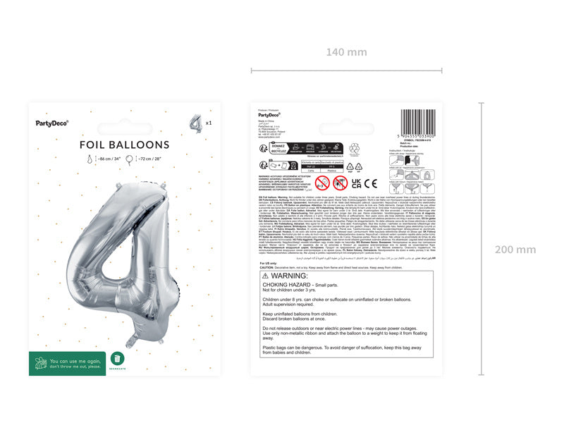 4 års figurballon sølv tom 72 cm