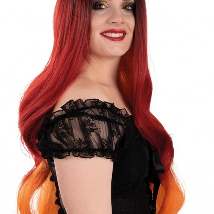 Paryk Selena lang med krøller rød og orange