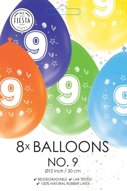 Farvede balloner 9 år 30 cm 8 stk