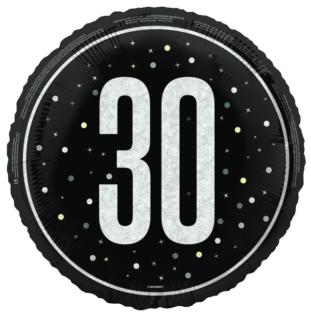 30 års heliumballon sort hvid tom 45 cm