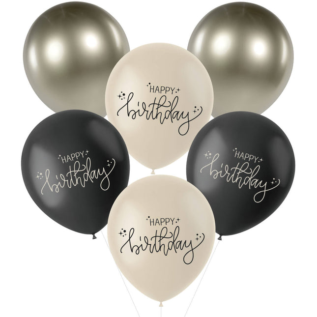 Happy Birthday Balloons Black 33cm 6stk