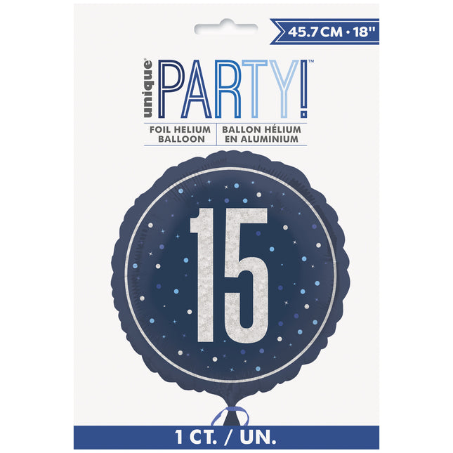 15 Jaar Helium Ballon Blauw Leeg 45cm