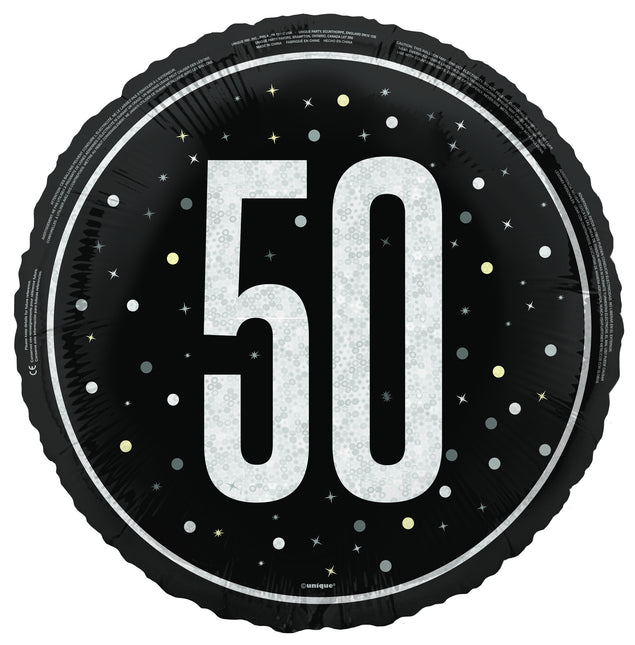 50 års heliumballon sort hvid tom 45 cm