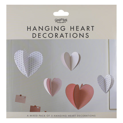 Rød pink hængende dekoration hjerter 5 stk