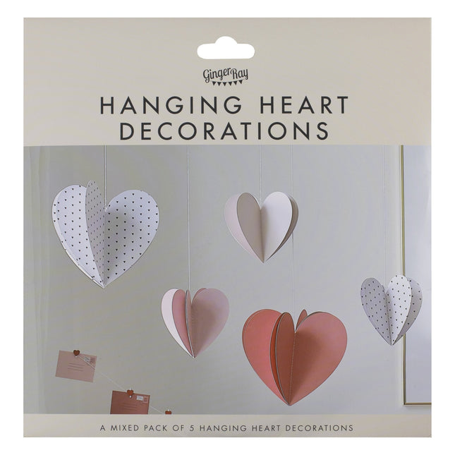 Rød pink hængende dekoration hjerter 5 stk