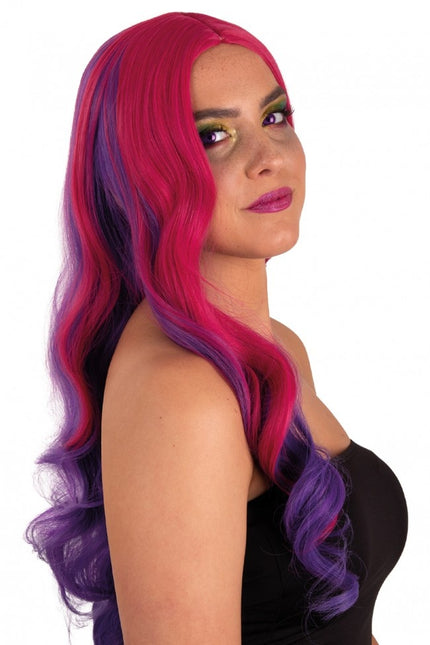 Paryk Selena Lang med krøller Pink til Lilla
