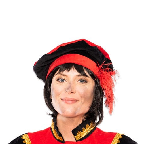 Pietenbaret fløjl med fjer rød/sort