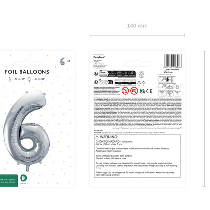 6 års figurballon sølv tom 72 cm