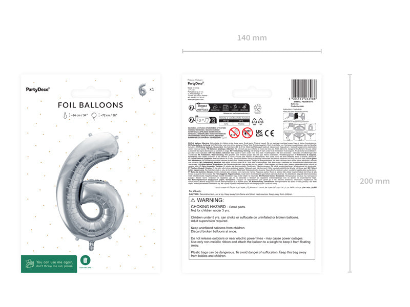6 års figurballon sølv tom 72 cm