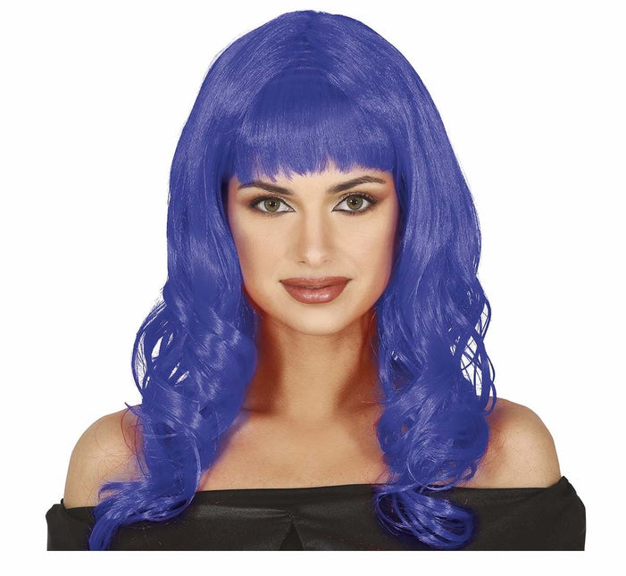 Blå paryk krøllet langt hår