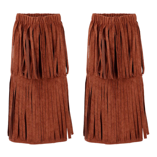 Brune benvarmere med frynser