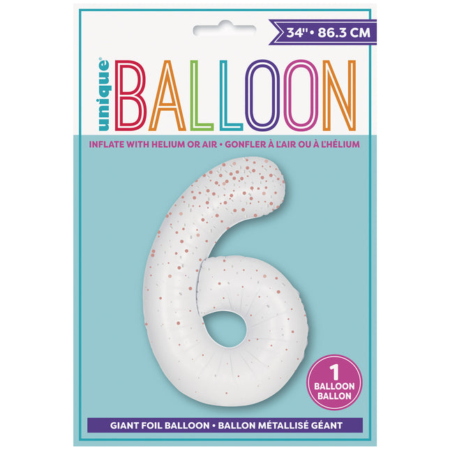 6 Jaar Cijfer Ballon Wit Stippen 86cm