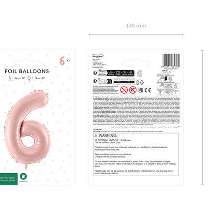 6 års figurballon lyserød tom 72 cm