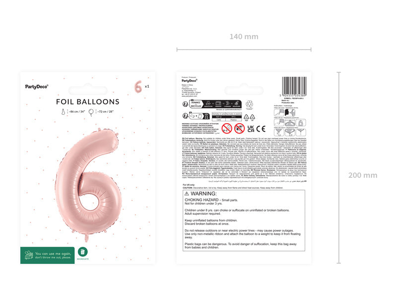 6 års figurballon lyserød tom 72 cm