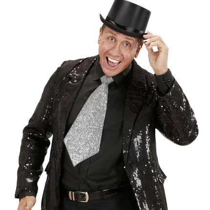 Sølvfarvet slips med glitter og elastik