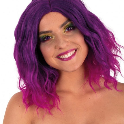 Paryk Alicia halvlang med bølge lilla til pink