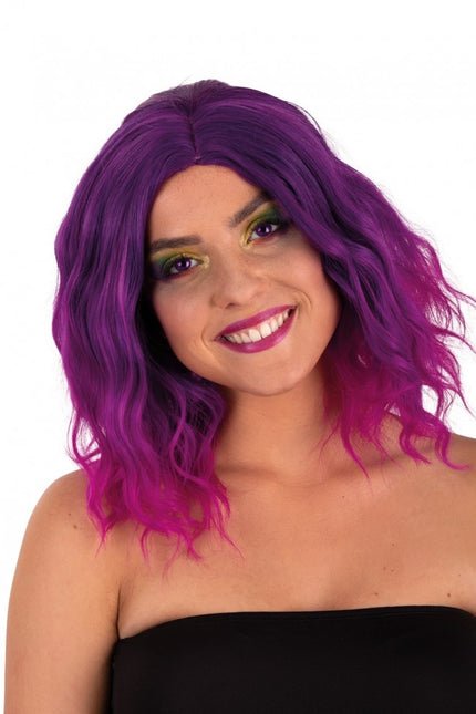 Paryk Alicia halvlang med bølge lilla til pink