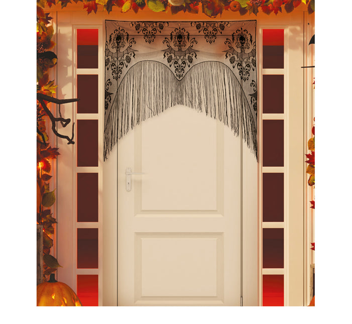 Sort Halloween-dørforhæng med blonder og snore