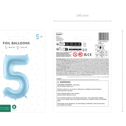 5 års figurballon lyseblå tom 72 cm