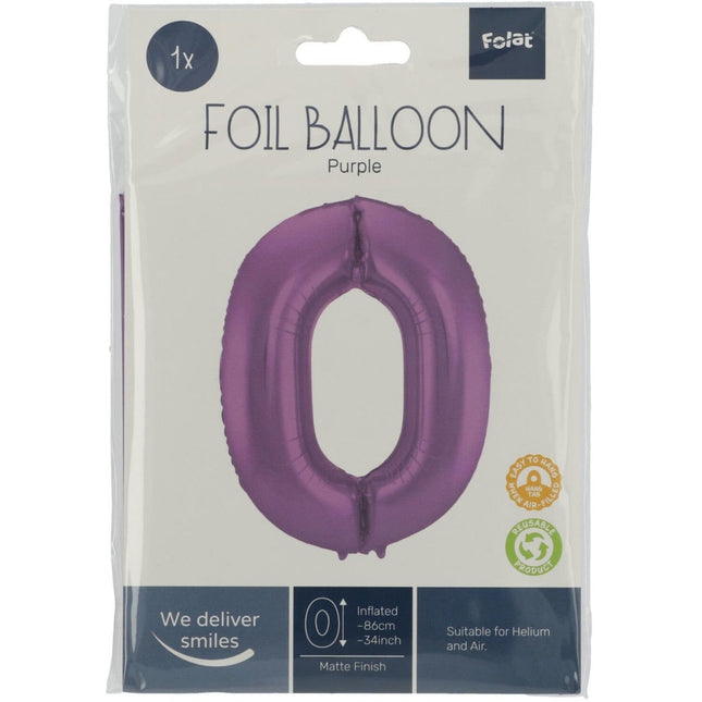 Folie Ballon Cijfer 0 Mat Paars XL 86cm leeg van Folat koop je bij Partywinkel