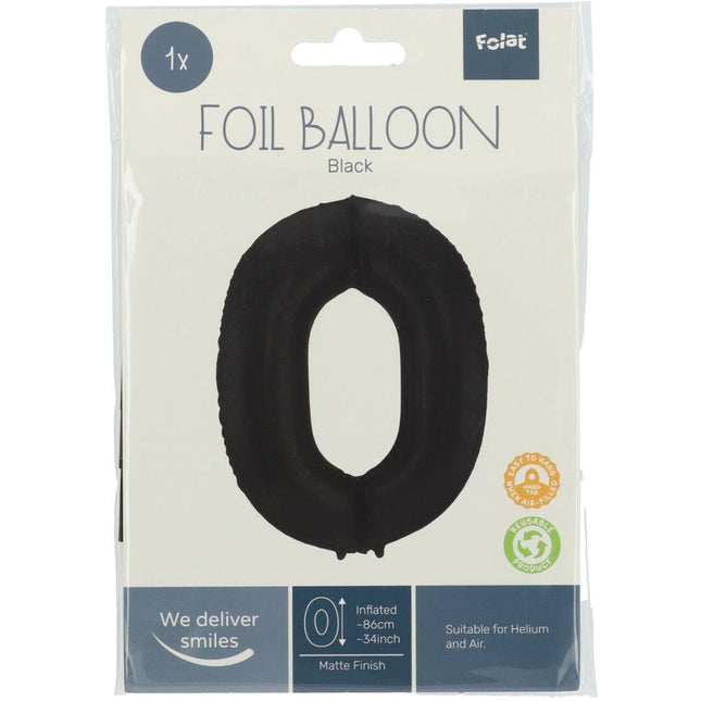 Folie Ballon Cijfer 0 Mat Zwart XL 86cm leeg van Folat koop je bij Partywinkel