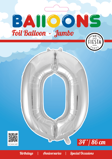 Folie Ballon Cijfer 0 Zilver XL 86cm leeg van WeFiesta koop je bij Partywinkel