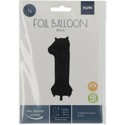 Folie Ballon Cijfer 1 Mat Zwart XL 86cm leeg van Folat koop je bij Partywinkel