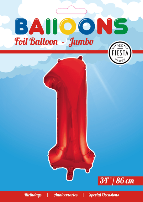Folie Ballon Cijfer 1 Rood XL 86cm leeg van WeFiesta koop je bij Partywinkel