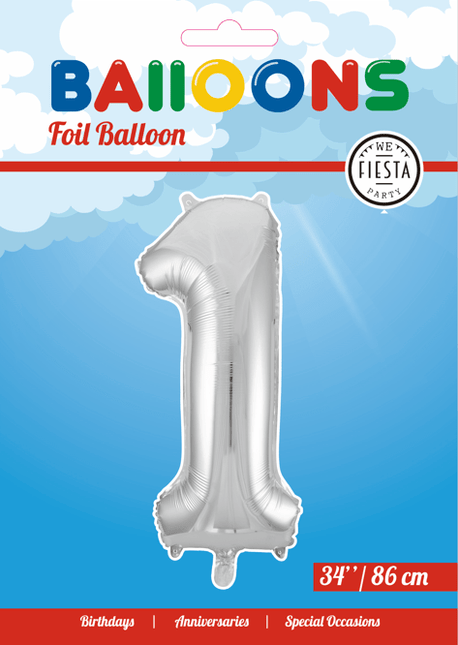Folie Ballon Cijfer 1 Zilver XL 86cm leeg van WeFiesta koop je bij Partywinkel