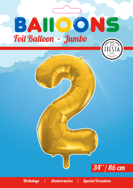 Folie Ballon Cijfer 2 Goud XL 86cm leeg van WeFiesta koop je bij Partywinkel