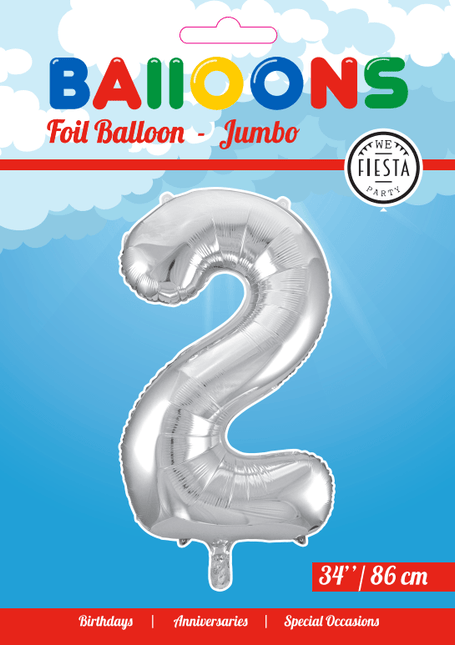 Folie Ballon Cijfer 2 Zilver XL 86cm leeg van WeFiesta koop je bij Partywinkel