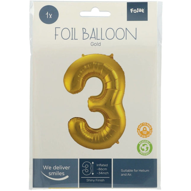 Folie Ballon Cijfer 3 Goud Metallic XL 86cm leeg van Folat koop je bij Partywinkel