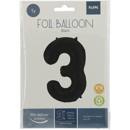 Folie Ballon Cijfer 3 Mat Zwart XL 86cm leeg van Folat koop je bij Partywinkel