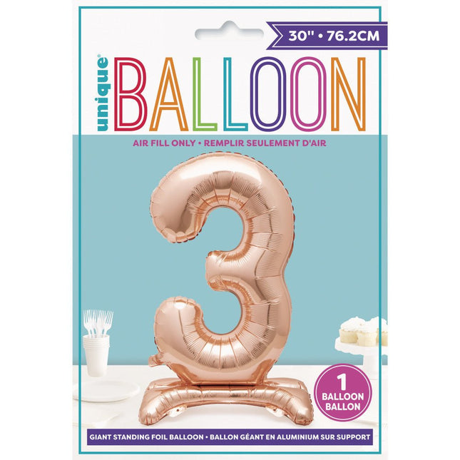 Folie Ballon Cijfer 3 Rose Goud Standaard 76cm van Unique koop je bij Partywinkel