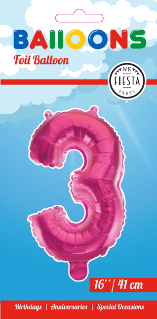 Folie Ballon Cijfer 3 Roze 41cm met Rietje van WeFiesta koop je bij Partywinkel