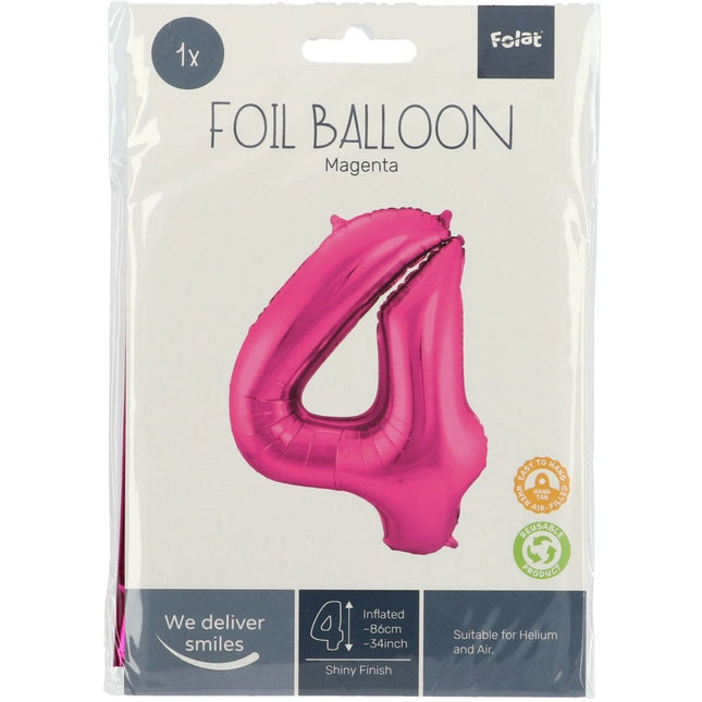 Folie Ballon Cijfer 4 Fuchsia Metallic XL 86cm leeg van Folat koop je bij Partywinkel