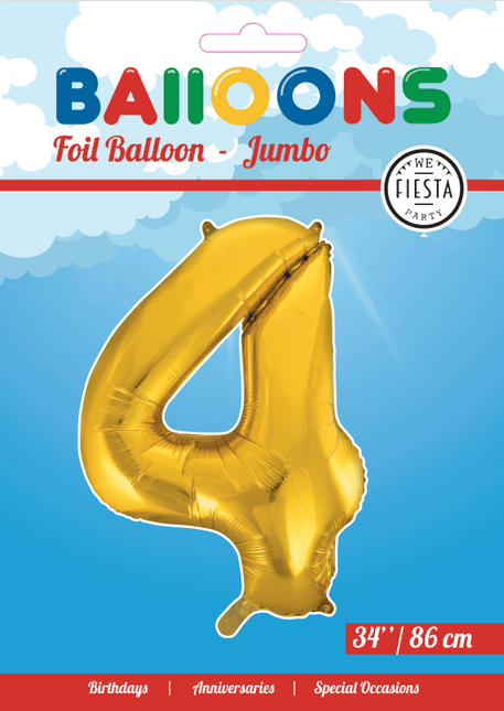 Folie Ballon Cijfer 4 Goud XL 86cm leeg van WeFiesta koop je bij Partywinkel