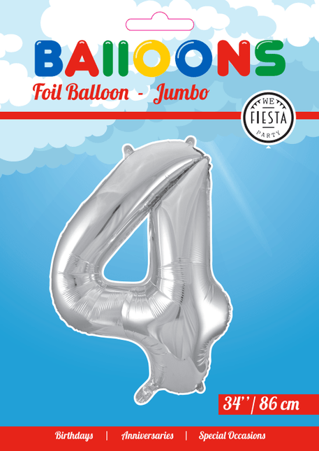 Folie Ballon Cijfer 4 Zilver XL 86cm leeg van WeFiesta koop je bij Partywinkel